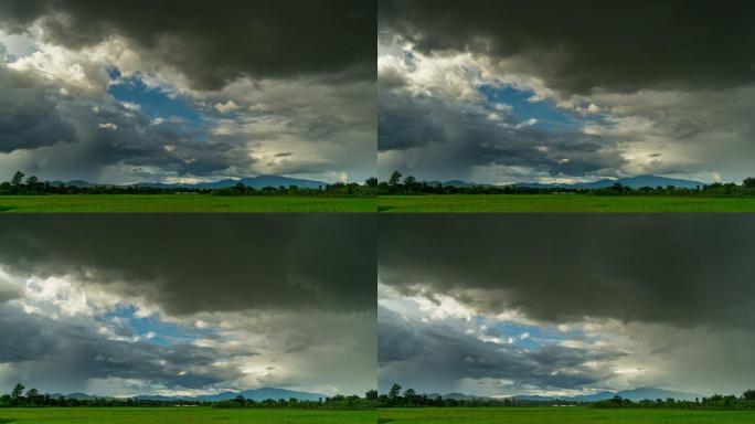 农田和风暴云移动时间流逝。