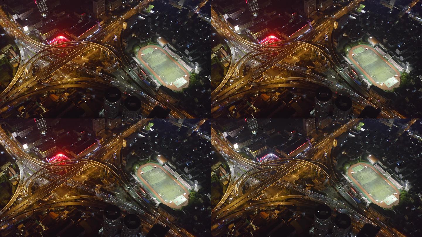 4K上海静安区内环中山北路立交桥夜景俯拍