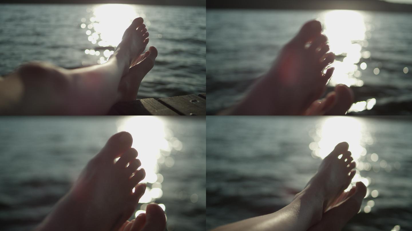 在湖面上放松。日落