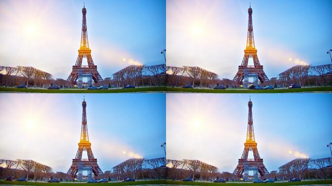巴黎埃菲尔铁塔的古典景观。旅游业国际地标。太阳耀斑。晴朗的日落