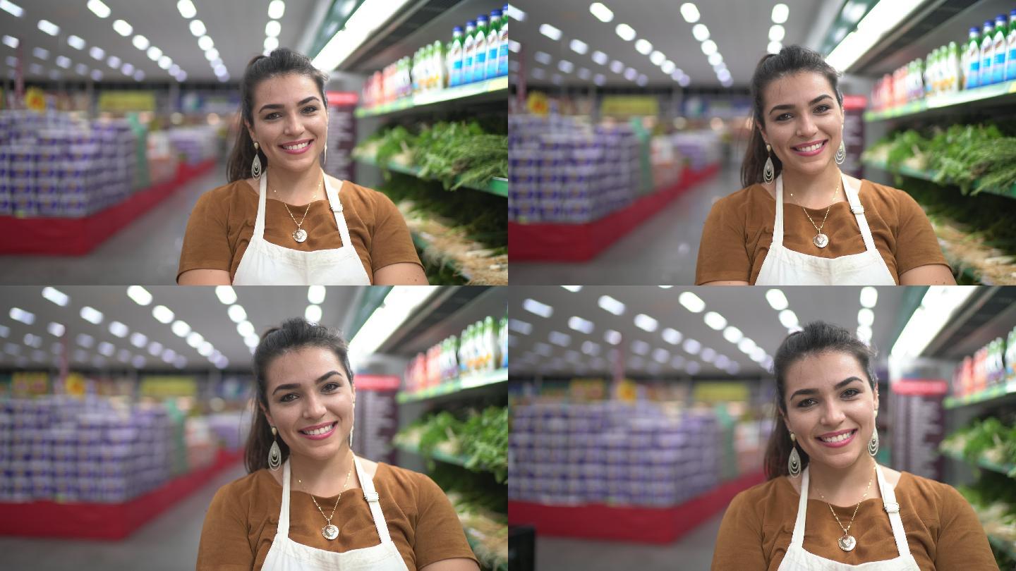 一位在超市工作的年轻女子的肖像
