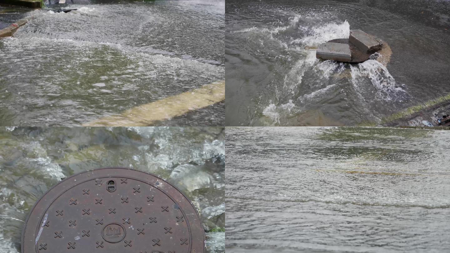 城市街道内涝暴雨天气灾害下水道冒水