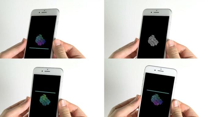 男人使用智能手机和黑色背景屏幕扫描手指上的彩色指纹