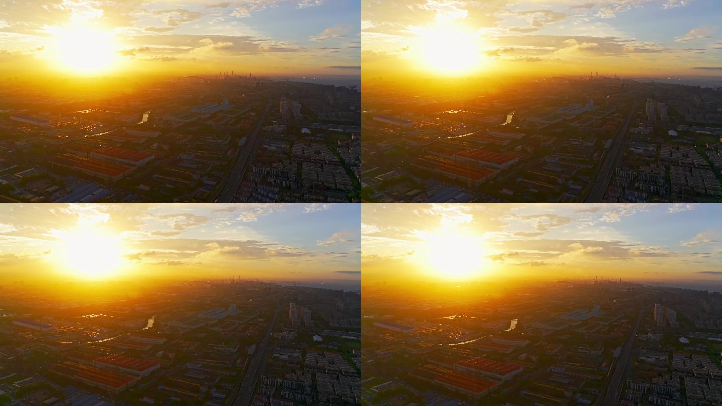 4K 上海壮观夕阳下的吴淞城市航拍视频