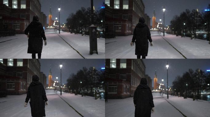 独自在雪中行走的女人