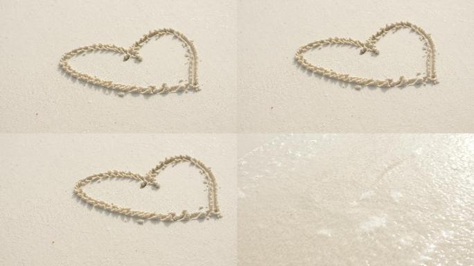 《海滩上的心》（Heart on beach）海浪卷起白色沙滩的镜头