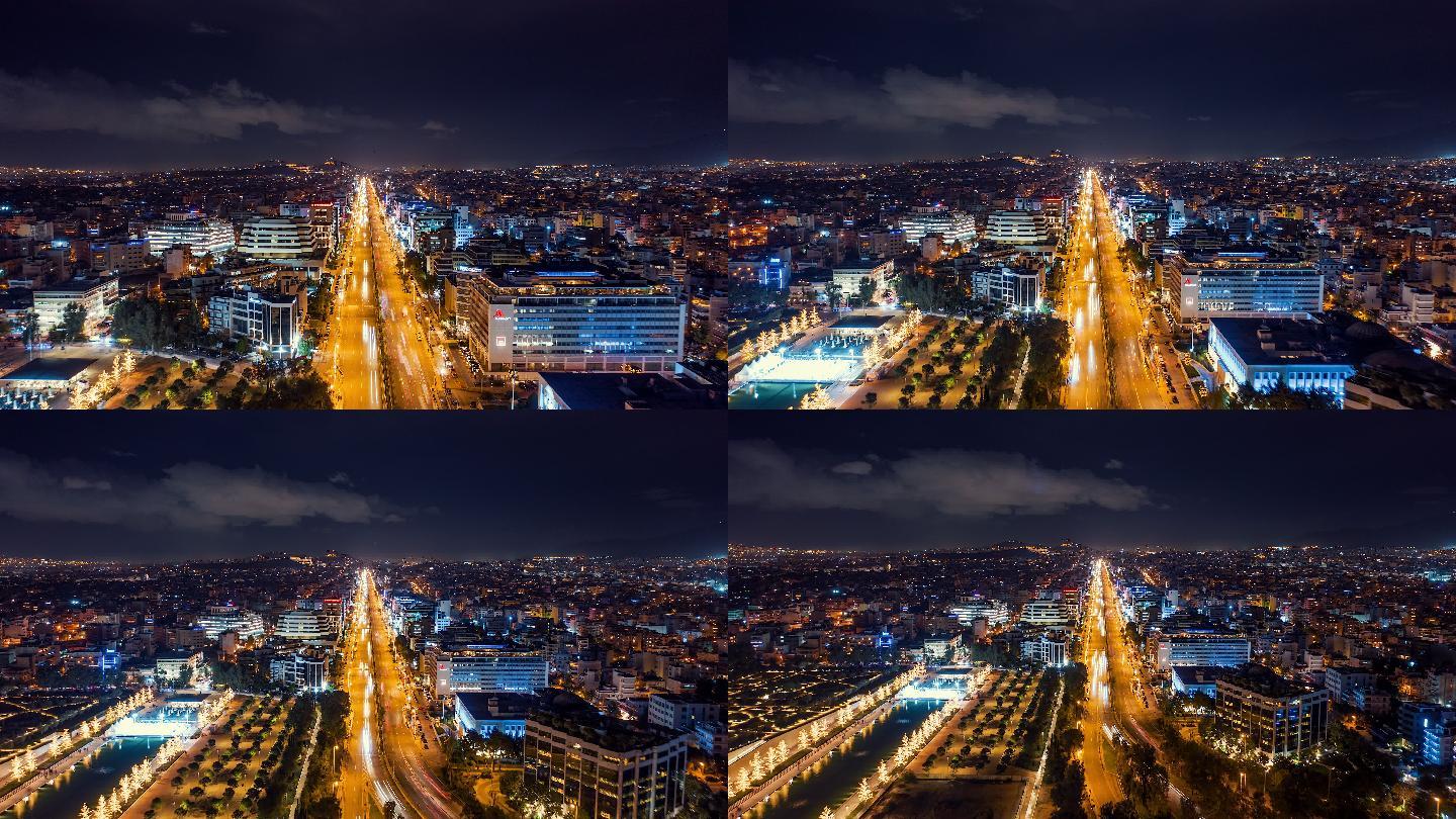 雅典市中心、Syggrou大道、卫城和主要地标建筑的4K全空中夜间时间点（hyperlapse）