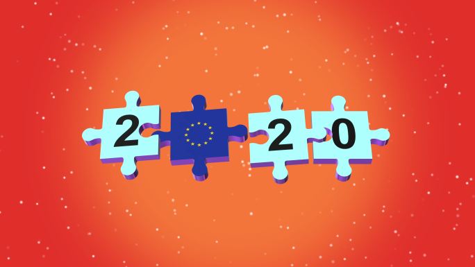2020年新年拼图的欧盟国旗带Alpha橙色环