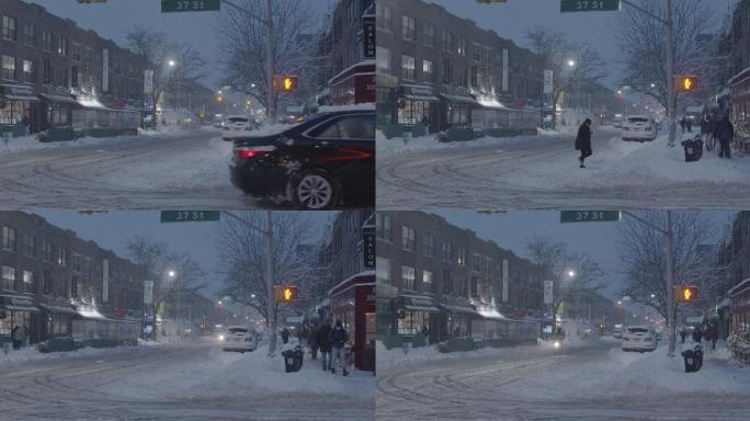 暴风雪十字路口纽约冬季黄昏郊区阿斯托里亚