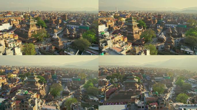 无人机视角在尼泊尔Bhaktapur Durbar广场上移动