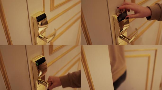 一位年轻的卷发女士用电子钥匙卡打开了他酒店房间的门
