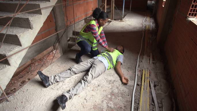 建筑工地发生事故后，一名女子试图抢救失去知觉的同事