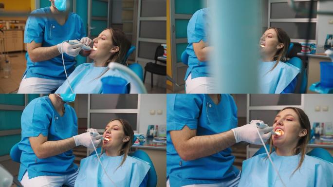 看牙医的女人看牙超声波洗牙洁牙拔牙
