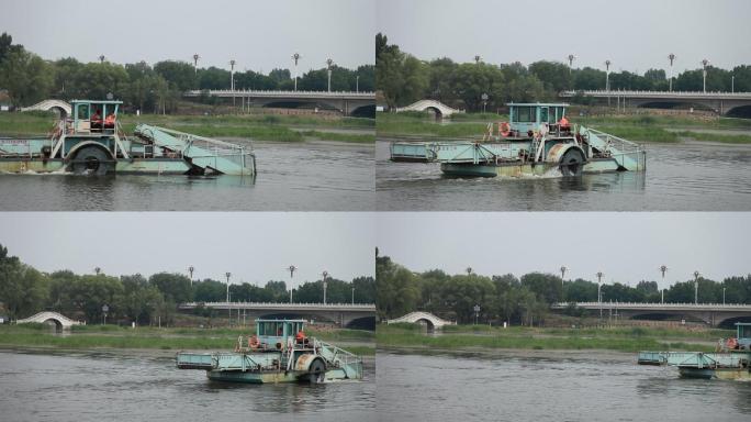 北京潮白河上一辆水面除草机在水面作业