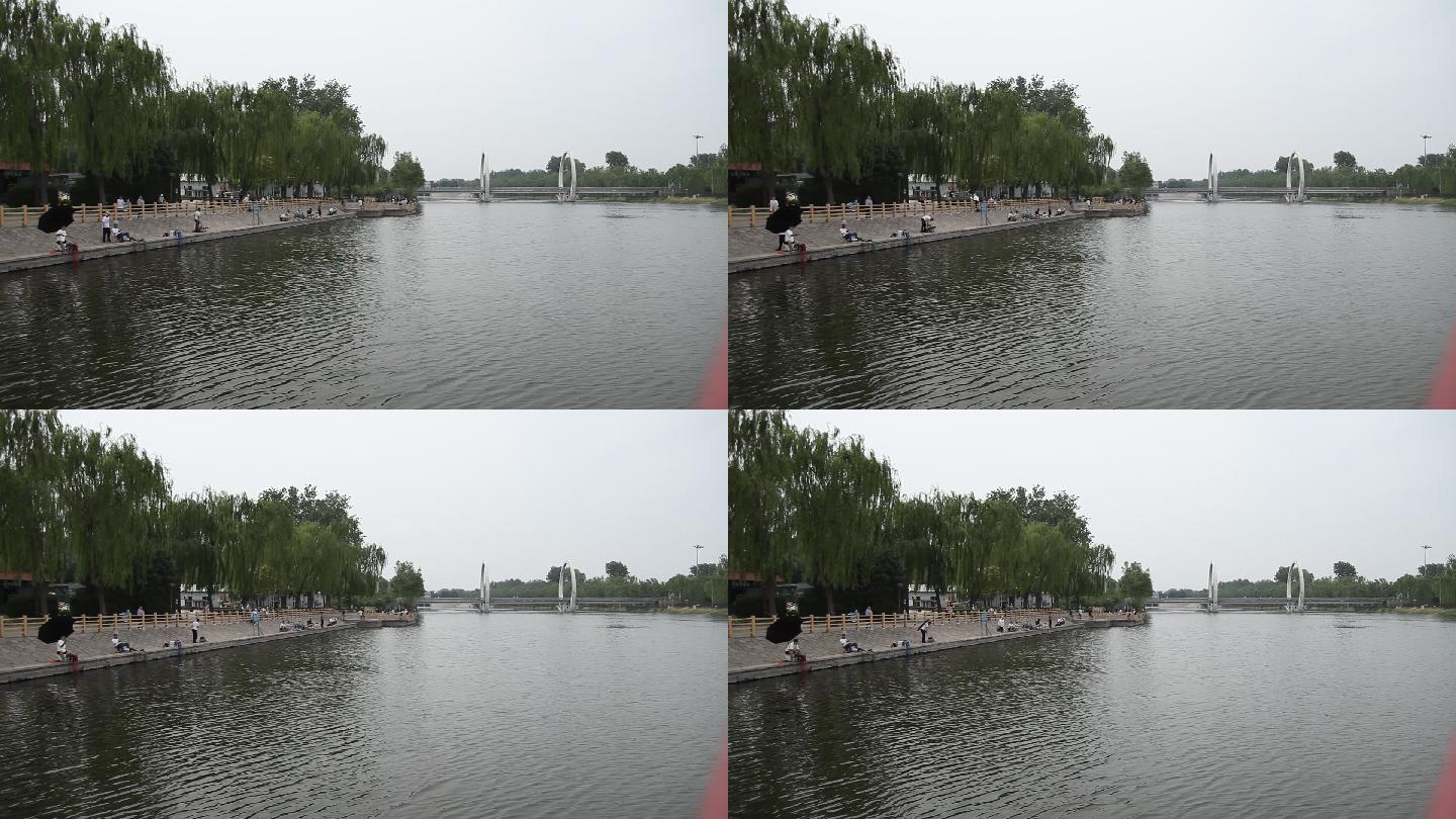 夏日北京潮白河河边好多人在河边钓鱼游玩