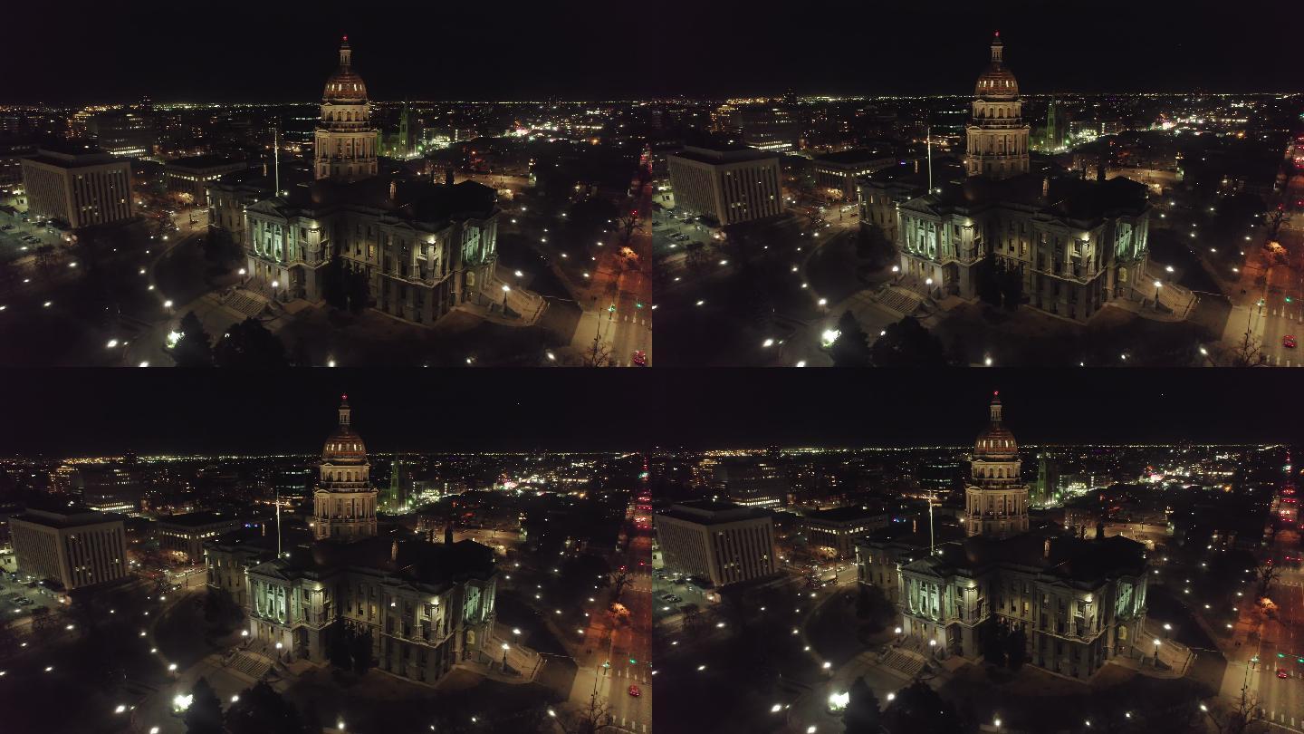 科罗拉多州丹佛市科罗拉多州国会大厦夜间无人驾驶飞机拍摄