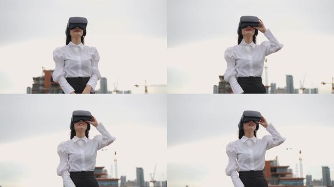 戴VR耳机的亚洲女工程师