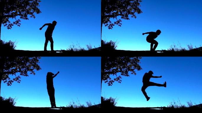 SLO MO Man剪影在蓝天下跳跃和踢腿