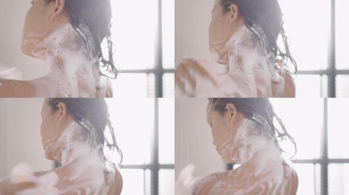亚洲女性洗头淋浴美女洗澡泡沫