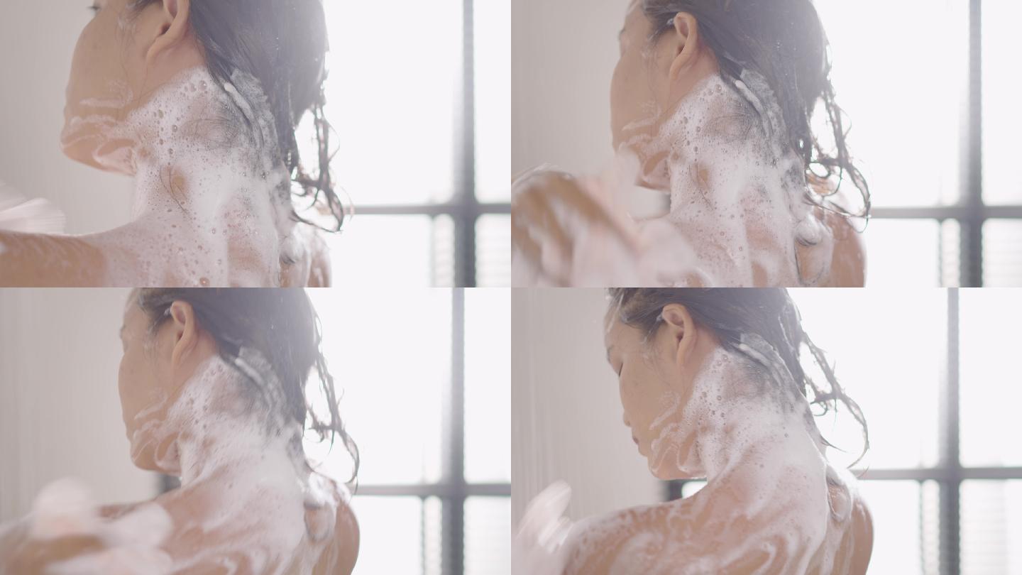亚洲女性洗头淋浴美女洗澡泡沫