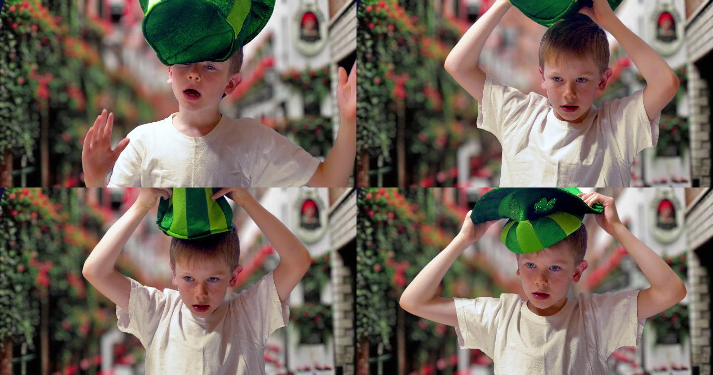 圣帕特里克节戴爱尔兰绿帽子的男孩