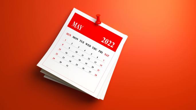 在红色背景上摇摆2022年5月日历。循环视频