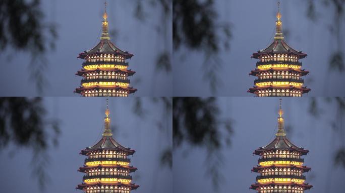 灯火通明西湖风景区雷峰塔夜景