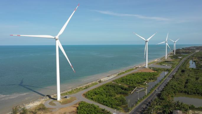 发电用风车海景航拍海边海滩海岸