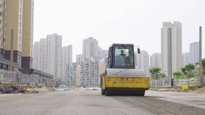 道路施工现场压路机4K实拍