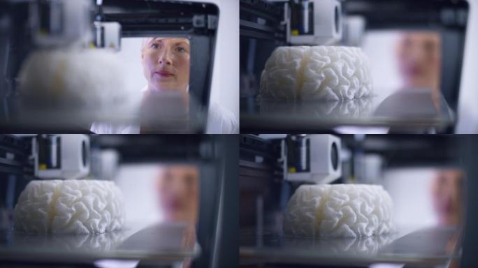 LD高加索女性生物医学工程师在3D打印机中俯瞰大脑模型的构建