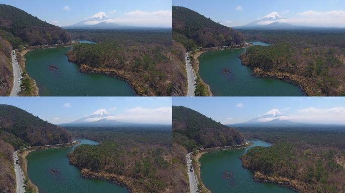 富士山，日本富士市，天蓝的松鸡湖。空中视频