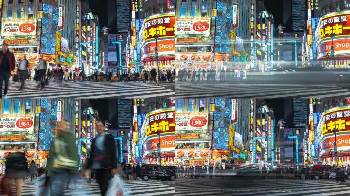 4K延时：放大日本东京哥斯拉路新宿区夜间购物街上的交通和人群