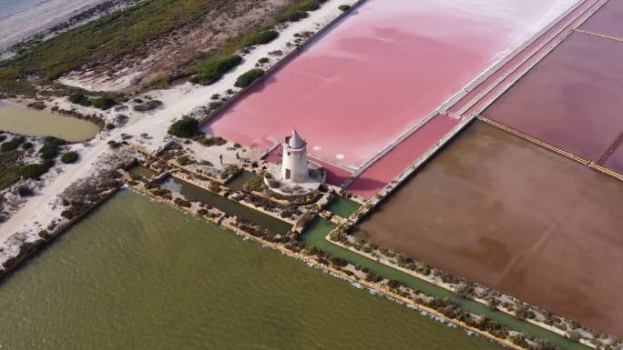 意大利西西里岛粉红色盐滩鸟瞰图