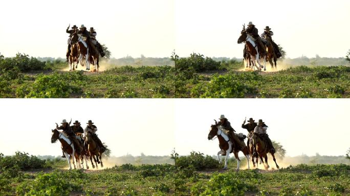 一群年轻的牛仔持枪骑马在草地上奔跑