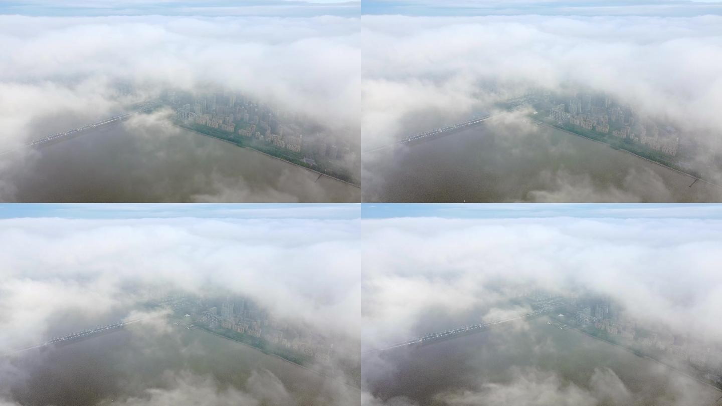 杭州城市风光：钱塘江上空云海景观