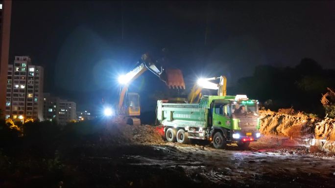 夜间建筑工地紧张施工 延时 4k