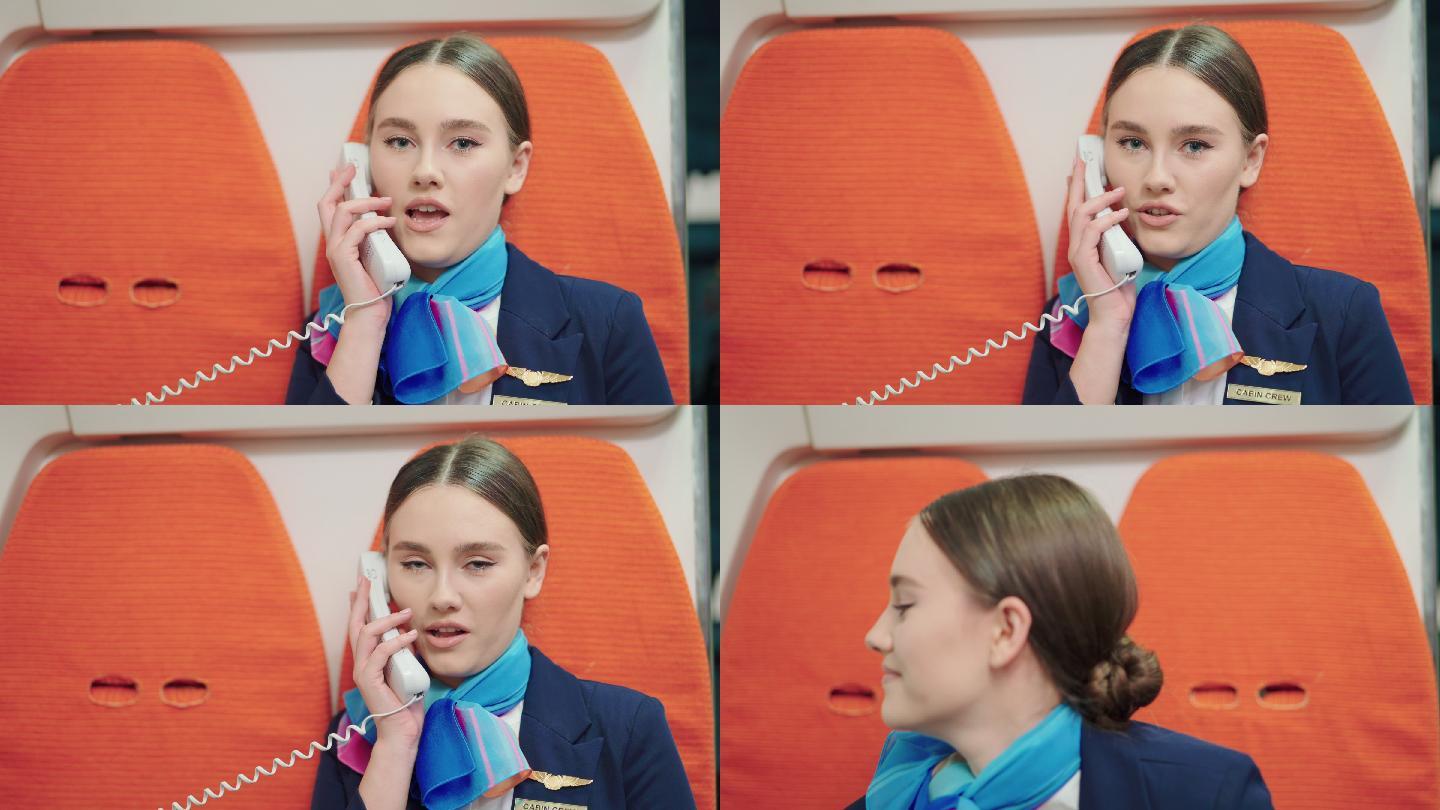 自信美丽的年轻空姐在飞行中使用对讲机。
