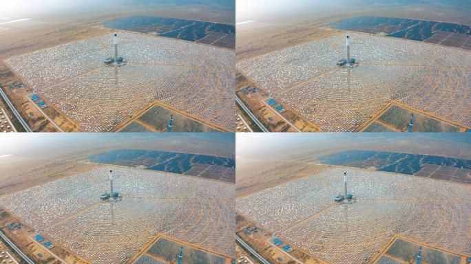 戈壁沙漠太阳能发电厂鸟瞰图