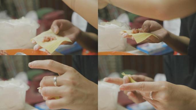亚洲女性手工制作馄饨和饺子馅。理念：爱，食物，客人吃饭。