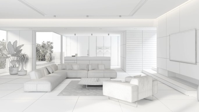 现代极简主义公寓室内设计。客厅，带厨房和餐厅。空白场景无纹理。
