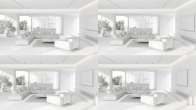 现代极简主义公寓室内设计。客厅，带厨房和餐厅。空白场景无纹理。