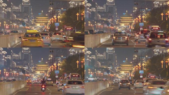 中国西安，日落时分的城市交通时空。