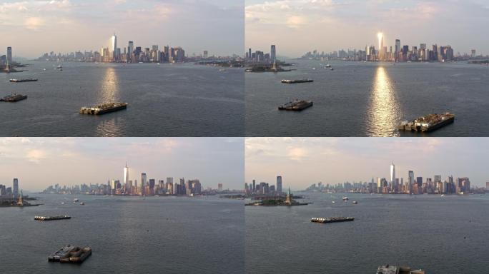 反射太阳的纽约自由塔鸟瞰图