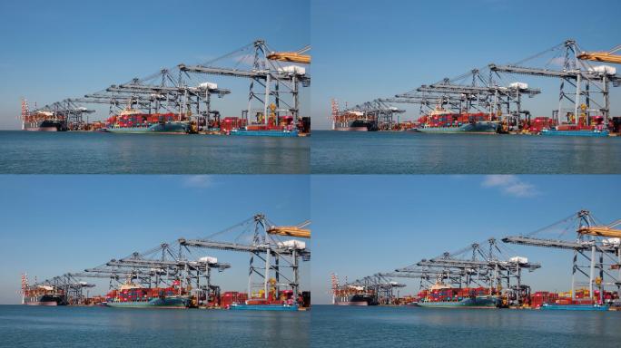 4K延时：码头商业港口交通繁忙，使用工作起重机桥架将集装箱装卸至汽车起重机，商业物流进出口运输或货运