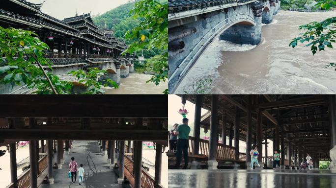 南方雨天的风雨桥空镜