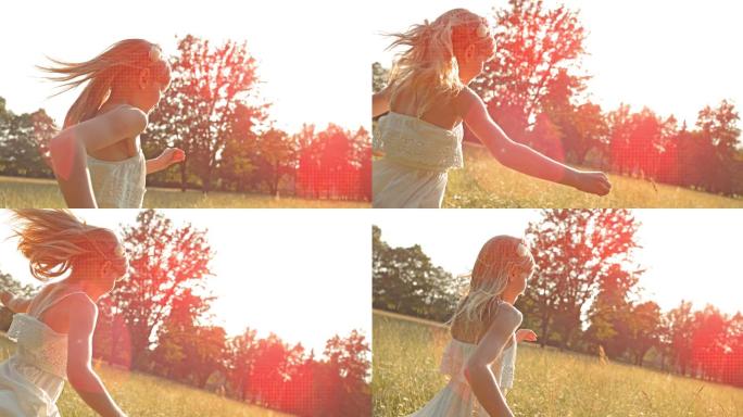 小女孩在阳光明媚的草地上奔跑