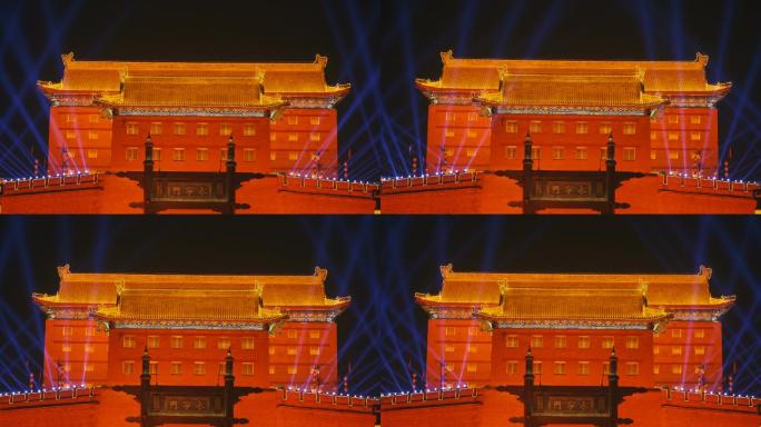 西安市庆祝中国春节的古城墙上灯光秀