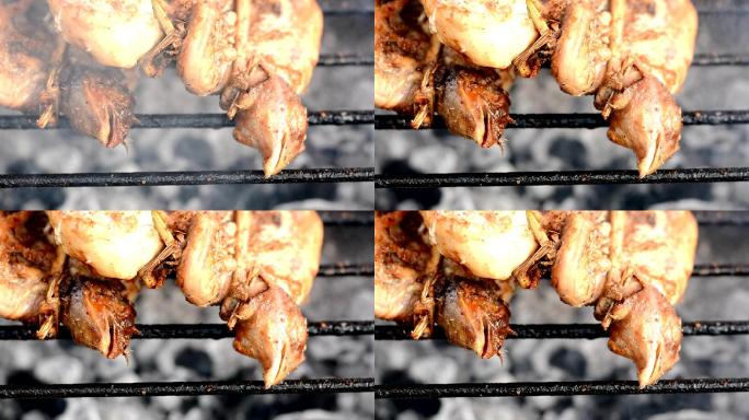 烤炉上烤鸡冒烟美食烤