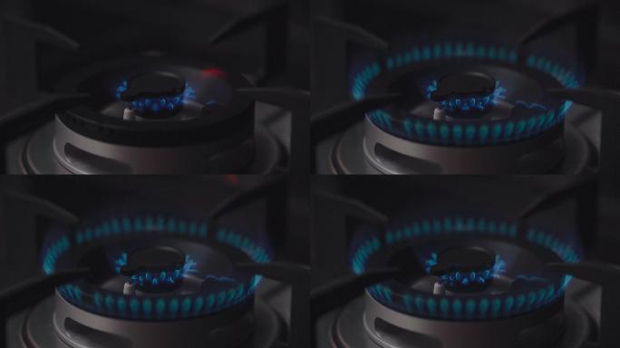 炉子里燃烧的煤气的特写镜头。慢动作视频。