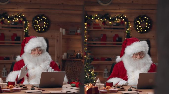 穿着昂贵服装的圣诞老人在笔记本电脑上与某人进行视频聊天